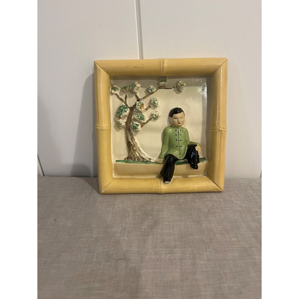vintage MCM Asian scene chalk wall plaque